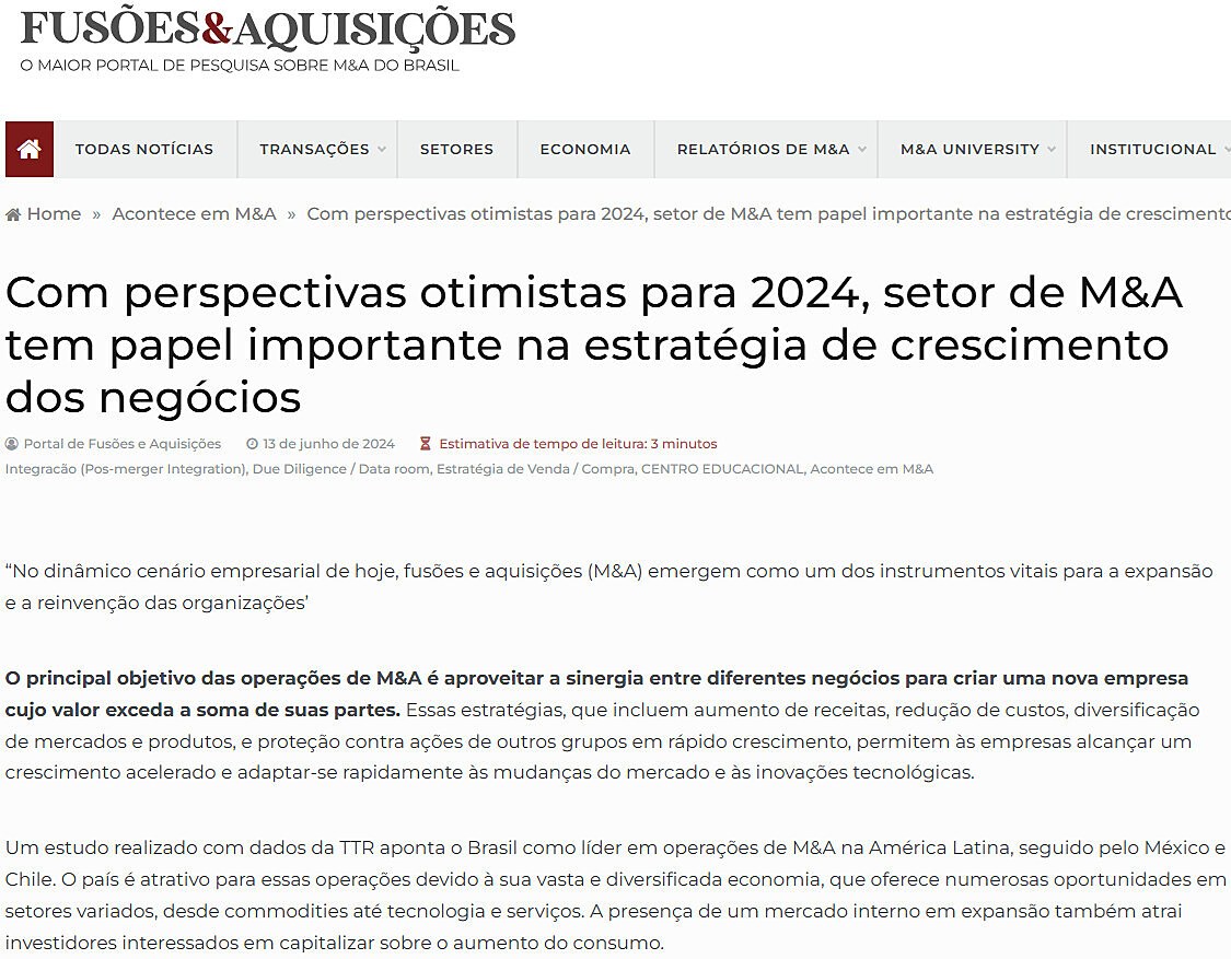 Com perspectivas otimistas para 2024, setor de M&A tem papel importante na estratgia de crescimento dos negcios